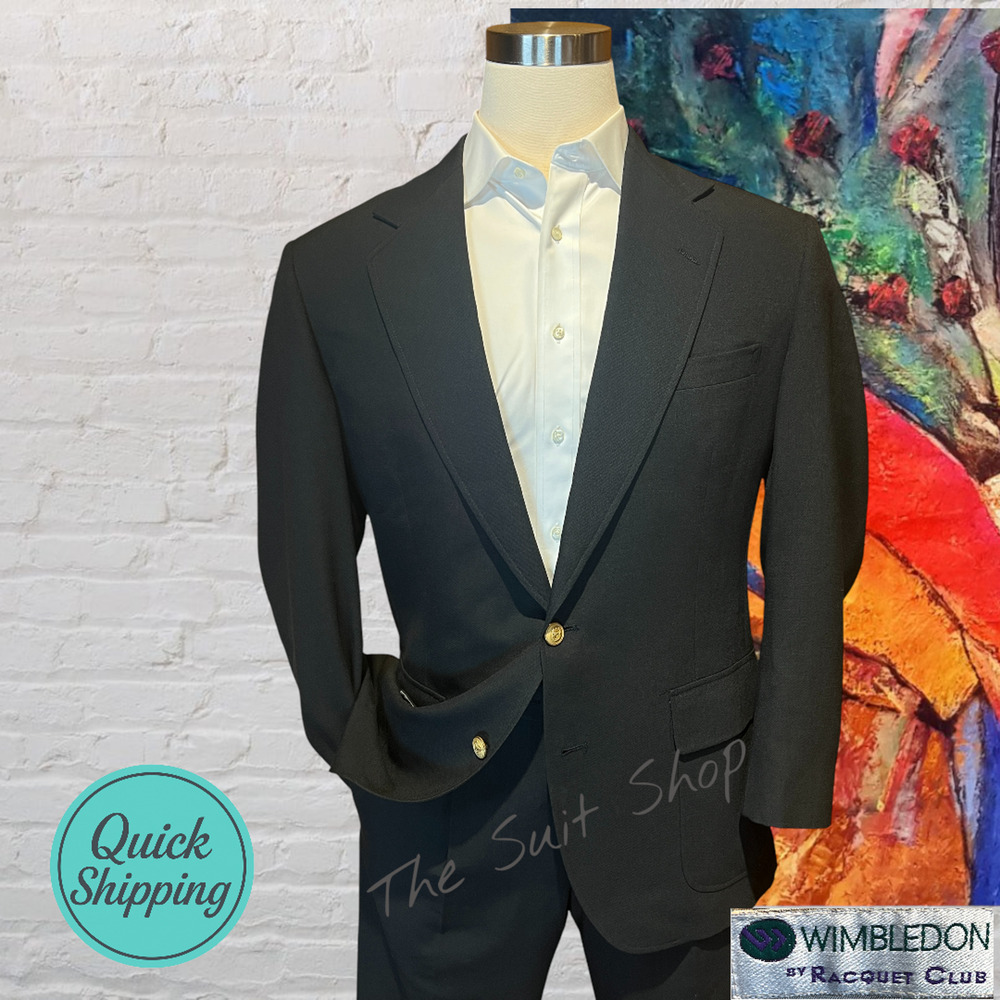 Vtg Wimbledon by Racquet Club 40R Black Gold Tone Buttons Patch Pockets Blazer